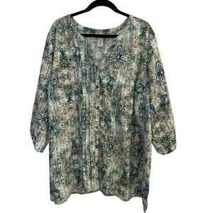 Catherines Printed Pintuck Blue Green Button Down 3/4 Sleeve Boho Plus Size 2X